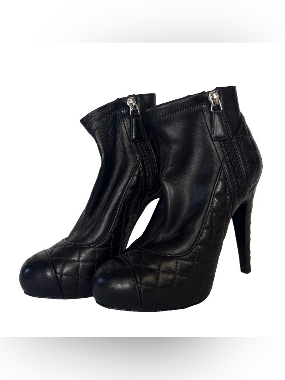 CHANEL Black Quilted Leather High-Heel Ankle Boots